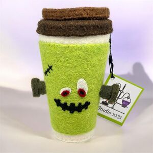 Frankenstein Coffee Cup Felted Wool Halloween Plush Decor Shelf Sitter Figure